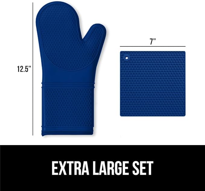 GORILLA GRIP BPA-Free Soft Silicone Oven Mitts and Pot Holders Sets of 4, Heat Resistant Waterproof Cooking Gloves, Thick Cotton Lining, Flexible Gripping for Baking Grilling, Kitchen Trivets, Blue