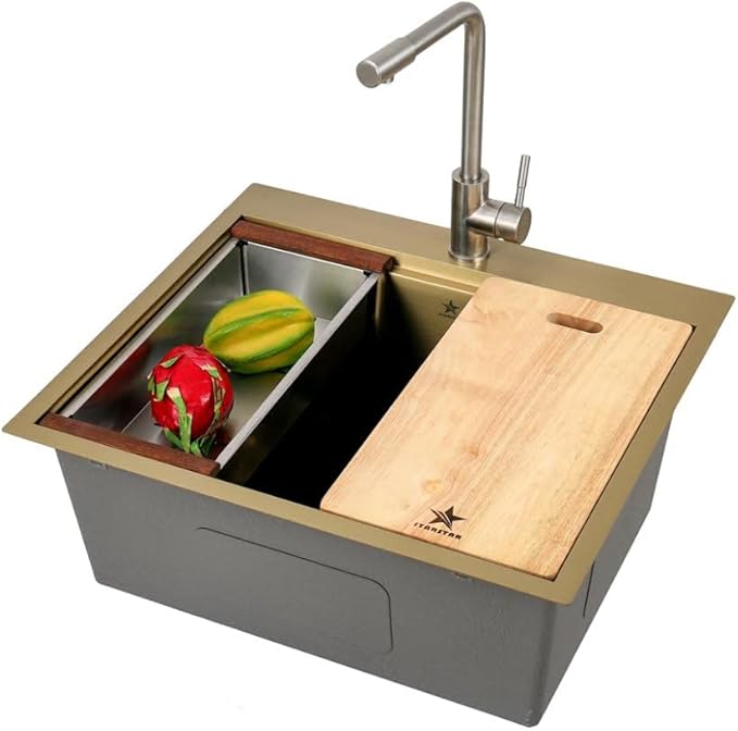 STARSTAR Workstation Ledge Top Mount/Drop-in Gold 304 Matte Stainless Steel Single Bowl For Kitchen,Yard, Office, Bar, Laundry Sink (23 x 20 x 9)