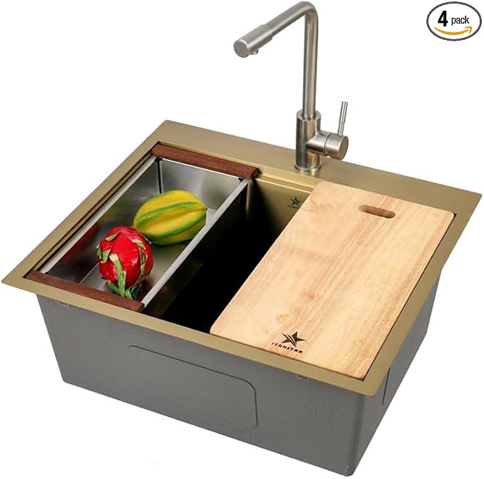 STARSTAR Workstation Ledge Top Mount/Drop-in Gold 304 Matte Stainless Steel Single Bowl For Kitchen,Yard, Office, Bar, Laundry Sink (25 x 22 x 10)