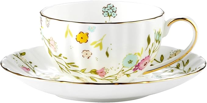 Bone China Tea Cups and Saucers,Country flower Handle Ceramic Coffee Mugs with Spoon&Fork,about 6 oz/175ml