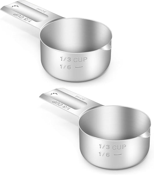 BERYLER 2PCS 1/3Cup (80ml, 2.7oz) Single Measuring Cup, Stainless Steel Measure Scoop, Metric and US Measurement, Dishwasher Safe