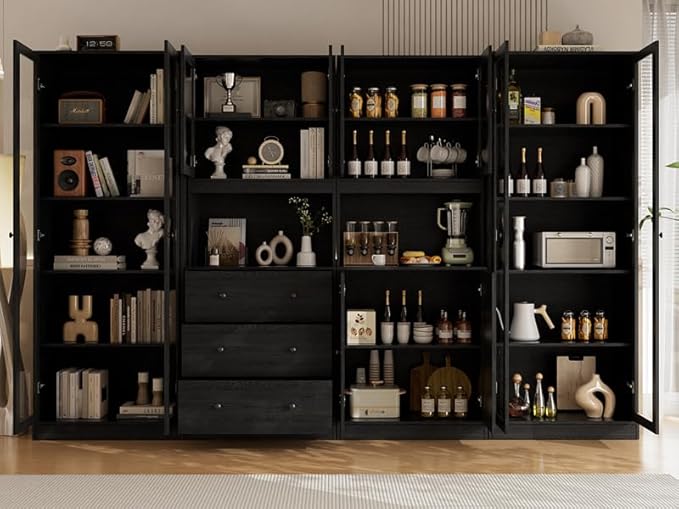 VOWNER 3PCS Bookshelf and Bookcase, 5-Tier Modern Bookshelves with 3 Large Drawer, Glass Display Cabinet with Lager Storage Shelf, Combination Storage Shelves for Home Office (Black)
