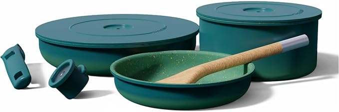 Ombr챕 Ceramic Titanium Non-Toxic, Nonstick Cookware Set 8-Piece Modular System with Removable Handle and Magnetic Lid, Magnetic Spatula, Eco-Friendly, Oven & Dishwasher Safe (Green)
