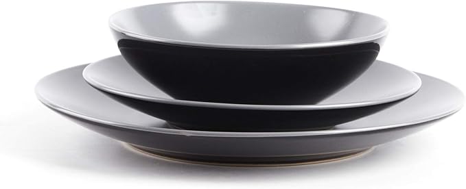 Stoneware Two-Tone Colors Life 12pc Dinner Set, Outside Shiny Black + Inside Matte Light Grey