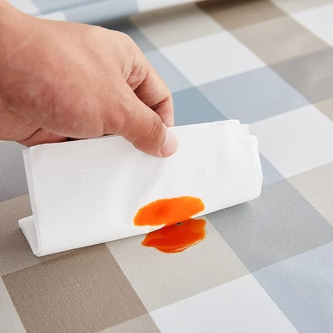 LOHASCASA Vinyl Oilcloth Tablecloth Rectangle Wipeable Peva Waterproof PVC Heavy Duty Stainproof Spillproof Large Tablecloth Farm Thanksgiving Banquet BBQ - Blue Grey Tan Plaid 9 ft 54 x 108 Inch