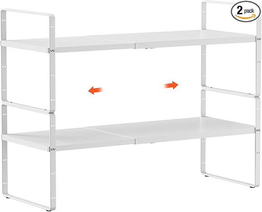 2Pack 16.5-27?쇺셂 Expandable Cabinet Shelf Organizers, Stackable Metal Shelves Extender for Kitchen Countertop Storage, Adjustable Spices Shelves Rack Stand for Cupboard Pantry, White