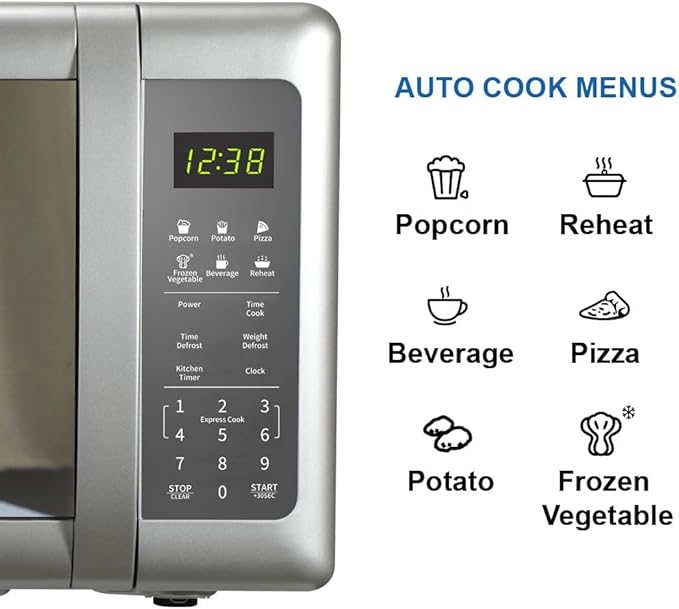 Emerson MW7601SL-N Countertop Microwave Oven with Sleek Mirrored Finish Glass Door, 700W, 10 Power Levels and 6 Pre-Programmed Settings with Child Safe Lock, 0.7. Cu. Ft., Silver