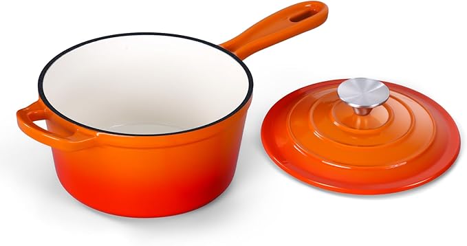 Onader Enameled Cast Iron Sauce Pan Pot, 1QT Saucepan with Lid, Small Enamel Dutch Oven Kitchen Cooking Pot ??Sunset Orange