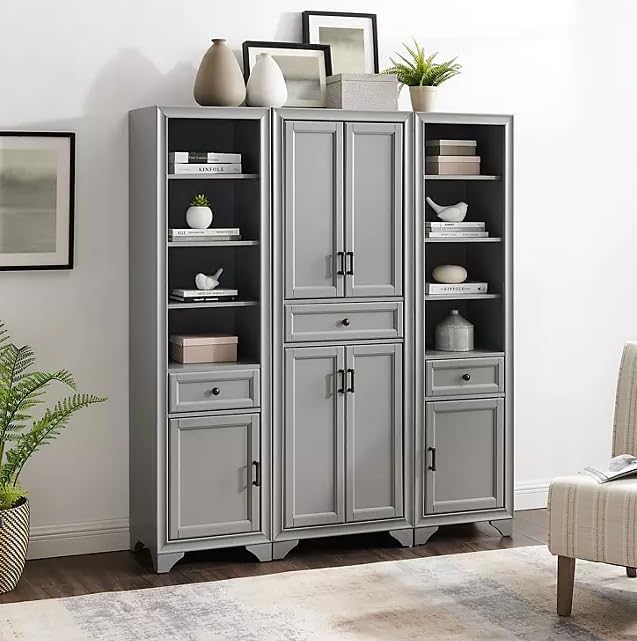 3-Piece Kitchen Storage Cabinet Set, Tall Pantry with Shelves and Drawers, Modern Farmhouse Style, (Distressed Gray)