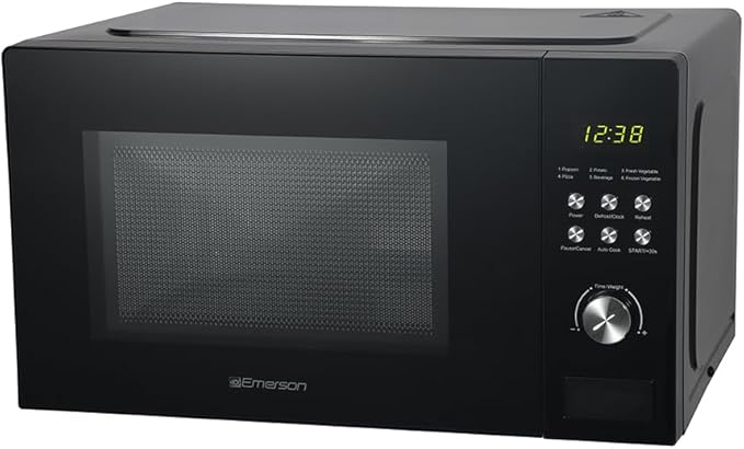 Emerson MW1101B Countertop Microwave Oven with Button Control, LED Display 1000W, 10 Power Levels, 6 Auto Menus, Glass Turntable and Child Safe Lock, 1.1 Cu. Ft., Black