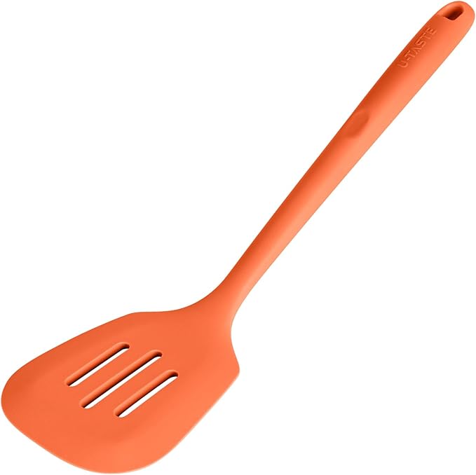 600쨘F Heat Resistant Slotted Turner: U-Taste 13.6in Silicone Kitchen Spatula Flipper, 3.74in Wide Food Grade Flexible Thin Rubber Cooking Utensil for Egg, Pancake, Cookie in Nonstick Cookware (Orange)