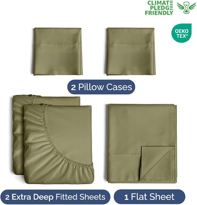 Extra Deep Pocket Split King Sheets - 5 Piece Breathable & Cooling Bed Sheets - Hotel Luxury Bed Sheet Set - Soft, Wrinkle Free & Comfy - Easily Fits Extra Deep Mattresses - Sage Green Sheets Set