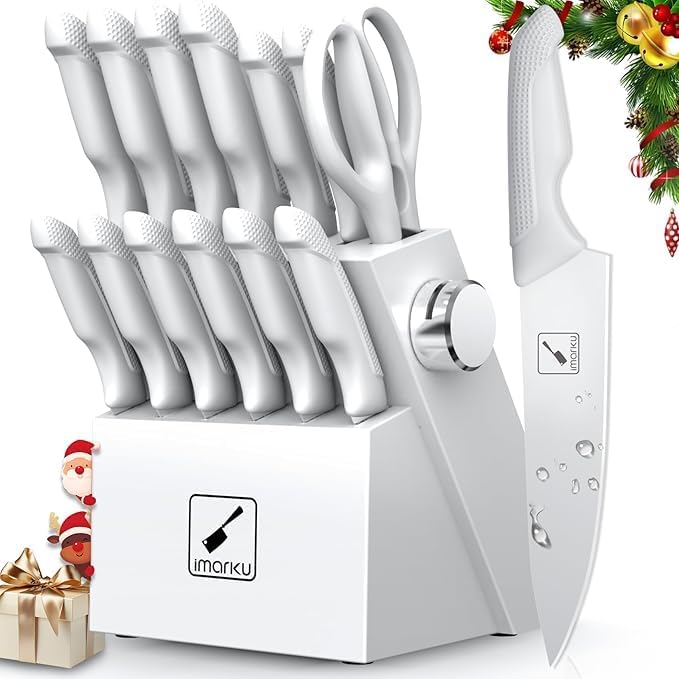 imarku® 14-Piece Kitchen Knife Set with Block and Sharpener, Professional Stainless Steel with Non-Slip Ergonomic Handle, Dishwasher Safe, Home Essential, Gray-White