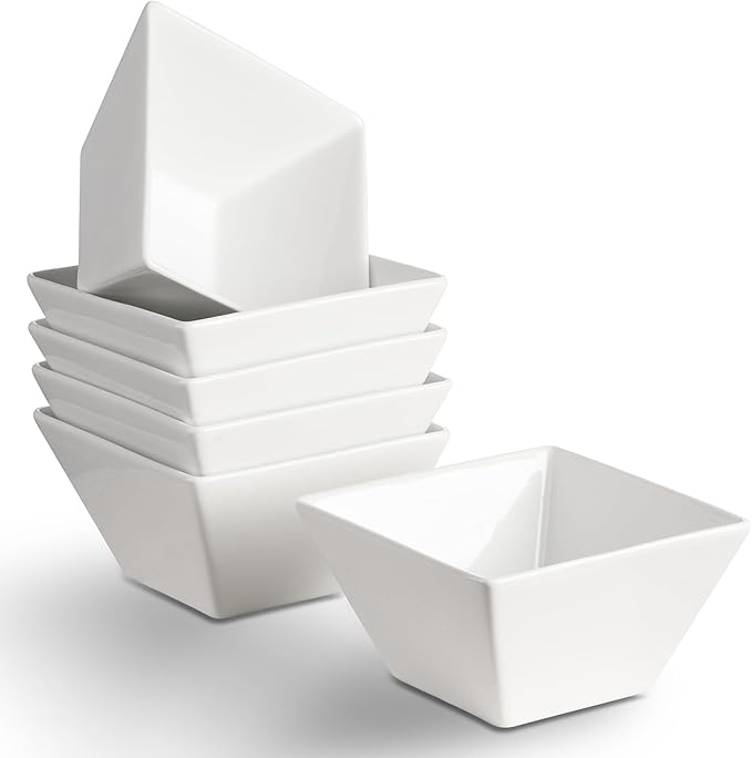 Meideal Porcelain Small Serving Bowls Set of 6, 13 Oz Square Cereal Bowls, 4.6" White Ceramic Dessert Bowls for Salad, Dip, Soup, Snack, Fruits, Small Portions, Dishwasher & Microwave Safe