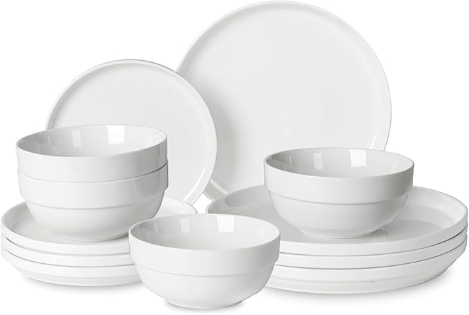 HAPPY KIT 12 Pieces Porcelain Dinnerware Set, Serving Plates and Bowls Set for 4, Chip and Scratch Resistant White Kitchen Dishware Sets, Thick-edge Non-slip Design