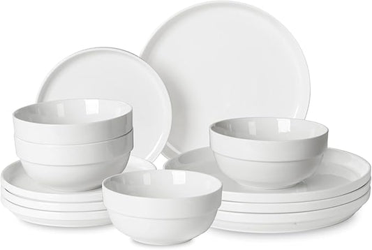 HAPPY KIT 12 Pieces Porcelain Dinnerware Set, Serving Plates and Bowls Set for 4, Chip and Scratch Resistant White Kitchen Dishware Sets, Thick-edge Non-slip Design
