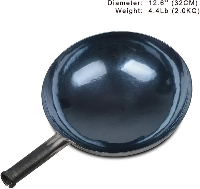 ?삡툒??ZhenSanHuan Chinese Hand Hammered Iron Woks and Stir Fry Pans, Non-stick, No Coating, Carbon Steel Pow (32CM, Blue Black - Seasoned)