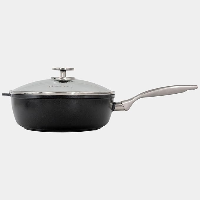 Swiss Diamond Nonstick Hybrid Ceramic and Diamond-Infused Deep Saute Pan With Glass Lid, PFAS- and PFOA-free, Dishwasher & Oven Safe Up To 500 째F (3.2 Quart)
