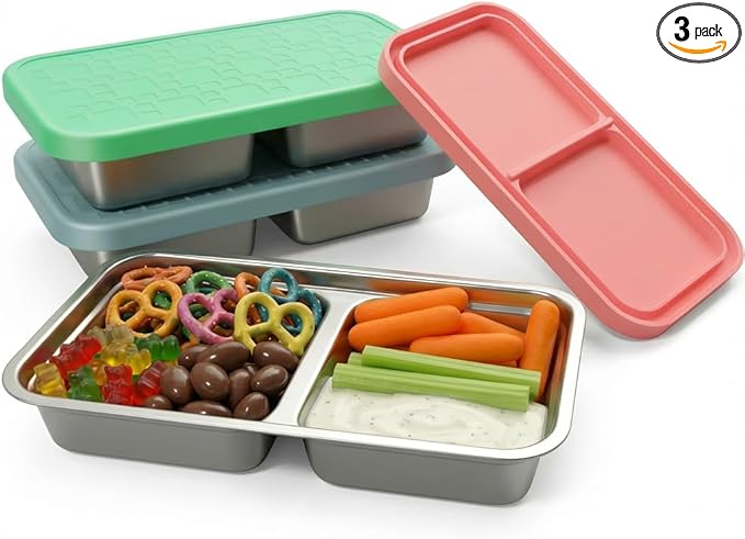 Korythar 3 Pack 15oz Stainless Steel Snack Containers for Kids, Reusable Metal Snack Containers with Silicone lids, Leak Proof 2 Compartment Stackable Metal Toddler Lunch Box for Daycare, School