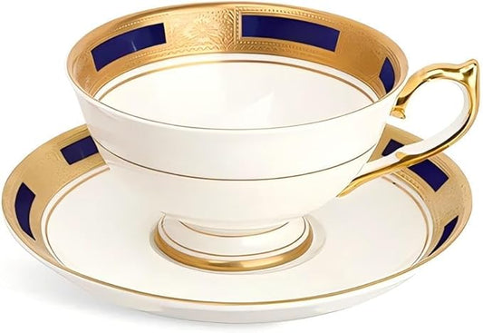 Aynsley Empress Athens Tea Cup and Saucer Set ??180ml Bone China ??Hand-Painted 24K Relief Gold Rim & Handle ??Elegant Tea Set for Weddings, Anniversaries, Luxury Gifting (Cobalt)