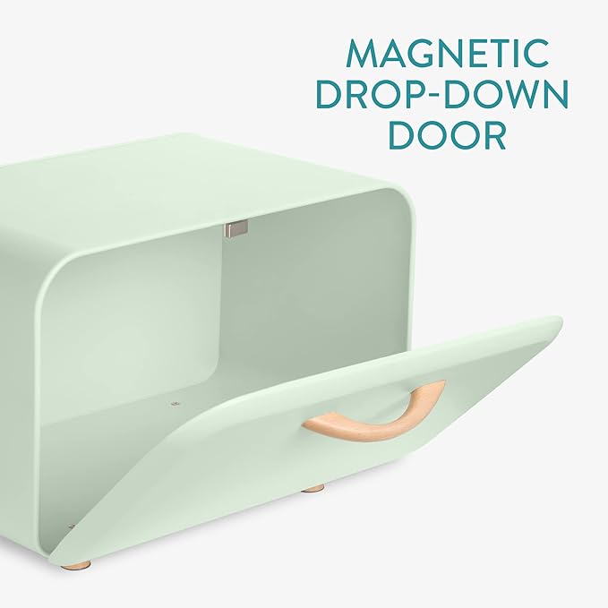 Navaris Bread Box - Metal Bread Bin Storage Tin with Front Opening Drop Down Door for Kitchen Counter or Shelf - Breadbox Container - Mint Green