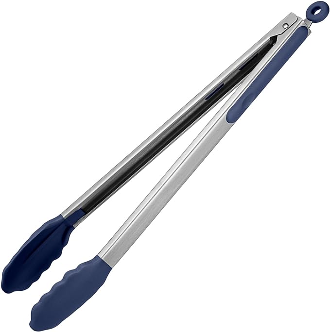 600쨘F Heat Resistant Kitchen Tongs: U-Taste 16 in Extra Long Large Silicone Cooking Tong with Non Stick Rubber Tips & Non Slip Silicon Coated 18/8 Stainless Steel Handle for Grill BBQ (Midnight Blue)