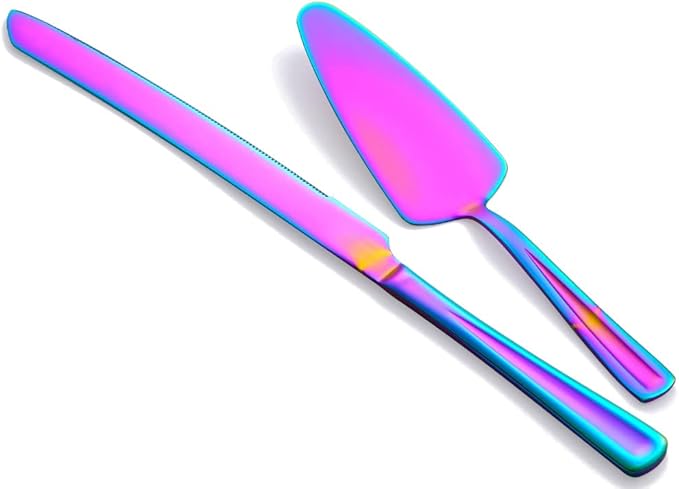 GoGeiLi Rainbow Cake Knife and Server Set, Colorful Stainless Steel Cake Cutting Set for Wedding, Birthday, Parties