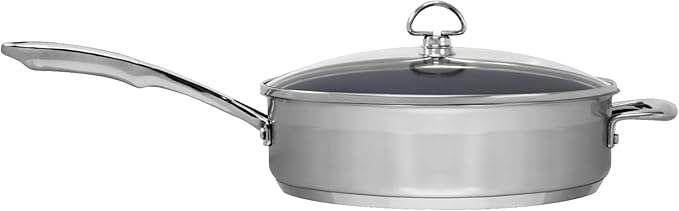 Chantal Induction 21 Steel 5 quart NonStick Saute Pan with Tempered Glass Lid, Ceramic Non Stick, Brushed Stainless Steel