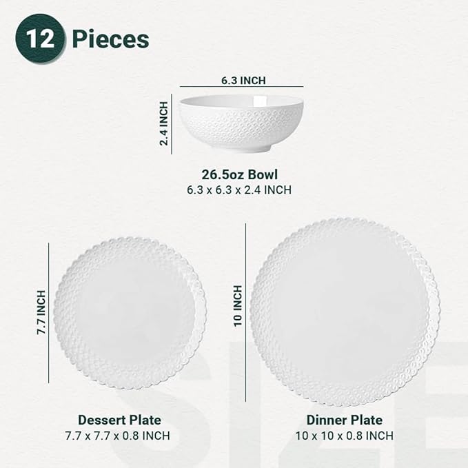 Dinnerware Set, 12 Piece Porcelain Dinnerware with Plates, Bowls and Dishes, Modern Dish Set for 4