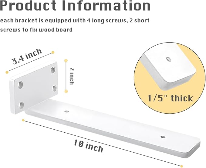 4 Pack Shelf Brackets White 10 Inch Floating Shelf Bracket 1/5 inch Thick Heavy Duty Hidden Shelf Brackets Iron Metal Brackets for Shelf Support with Screw Included