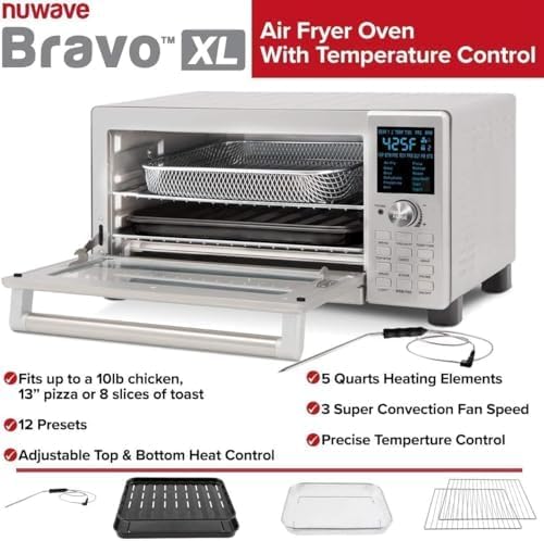 Nuwave Bravo Air Fryer Toaster Smart Oven, 12-in-1 Countertop Convection, 30-QT XL Capacity, 50째-500째F Temperature Controls, Top and Bottom Heater Adjustments 0%-100%, Brushed Stainless Steel Look