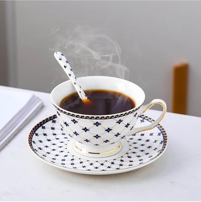 Porlien Royal Blue Star-night Porcelain 7-ounce Teacup and Saucer Set with 6-inch Coffee Spoon