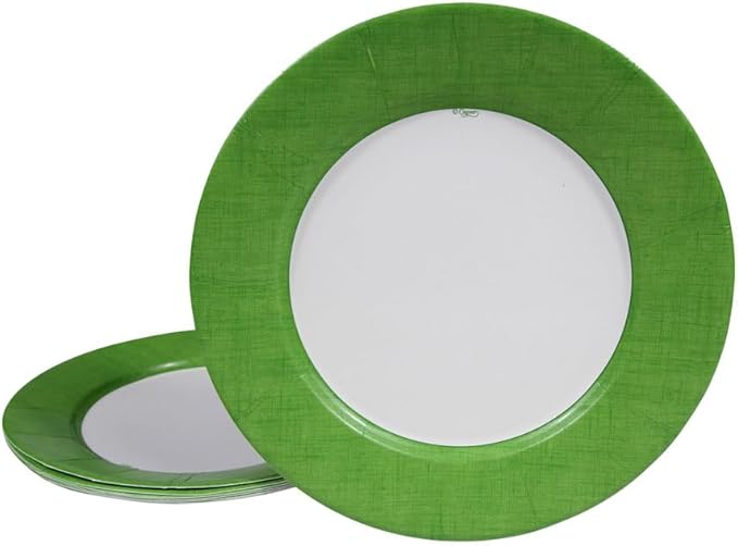 Caspari Linen Border Paper Dinner Plates in Moss Green - Pack of 8