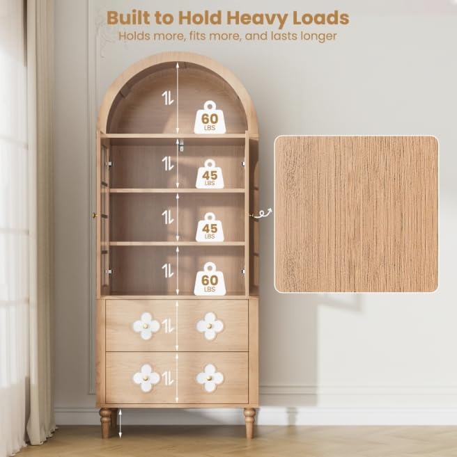 MOPHOTO Arched Cabinet, 71 in Arched Cabinet with Glass Doors, Modern Versatile Pantry Storage Cabinet with 2 Large Drawers for Living Room, Kitchen, Dining Room