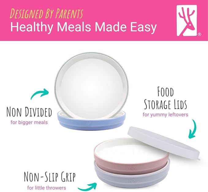 Elk and Friends Kids 7.8??Porcelain White Plates with Silicone Sleeves + Lids | Suitable for Babies/Toddlers | Microwave & Dishwasher Safe | Non Slip Dinnerware | Snack Dishes | 4 Pack