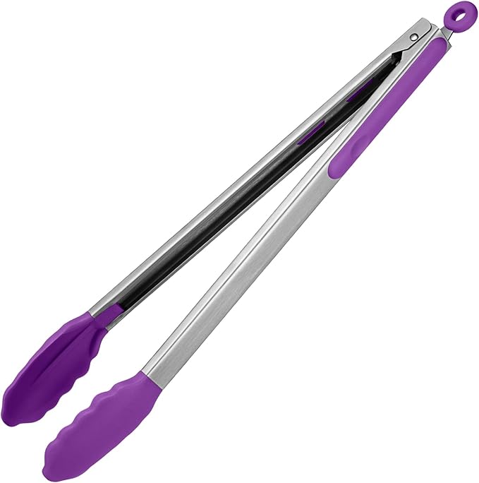 600쨘F Heat Resistant Kitchen Tongs: U-Taste 16 inch Extra Long Large Silicone Cooking Tong with Sturdy Non Stick Rubber Tips & Non Slip Silicon Coated 18/8 Stainless Steel Handle for Grill BBQ(Purple)