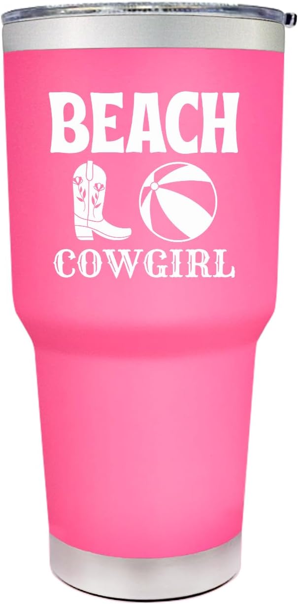 Palm City Products 30 oz Beach Cowgirl Tumbler - Pink Stainless Steel Country Girl Travel Mug - Southern Girl Drinkware for Rodeo, Beach, Festivals, and Gifts