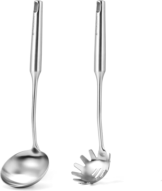 Stainless Steel Soup Ladle and Spaghetti Spoon Set - Large Ladle Spoon, Pasta Strainer, Durable Kitchen Cooking Utensils for Stirring, Serving Pasta, Soup & Sauce竊똂hristmas Gifts