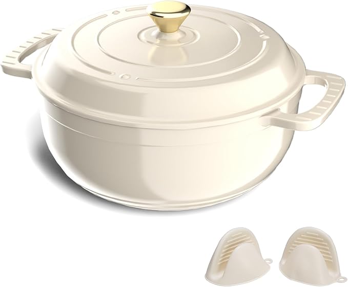 ROVSUN Enameled Cast Iron Round Dutch Oven, 6QT Pot with Lid &Dual Handles with Silicone Gloves,Oven Safe up to 500째F, Heavy-Duty Pre-Seasoned Cookware for Bread Baking, Braising, Stews, Roasting, Cream White