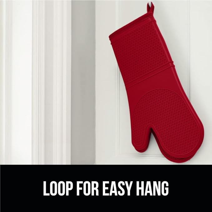 GORILLA GRIP BPA-Free Soft Silicone Oven Mitts, Heat Resistant and Waterproof Cooking Gloves, Thick Cotton Lining, Flexible Gripping Kitchen Potholders Set of 2, Christmas Kitchen Decor, 12.5x8.3, Red