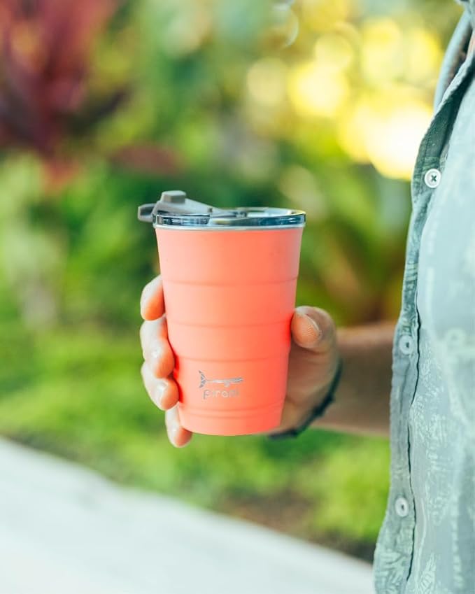 Pirani 16oz Insulated Stackable Tumbler - Skinny-Wall Triple Vacuum Insulation Cup with Version 2.0 Air-Tight, Screw-On Lid Lid - Space Saving Design - Coral