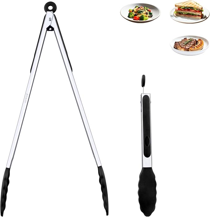 Salad Tongs, 7/9/12/16 Inch Silicone Food Tongs with 304 Stainless Steel Core, Easy-Grip, in Pistachio, Black, Blue, Orange, Red (Black, 9+12inch)