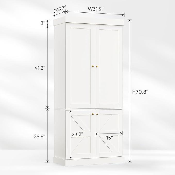 70.8" Tall Farmhouse Kitchen Pantry Cabinet with Glass Doors, Modular Wooden Storage Cabinet with 6-Tier Adjustable Shelves, Hutch for Kitchen or Living Room, White, Set of 2