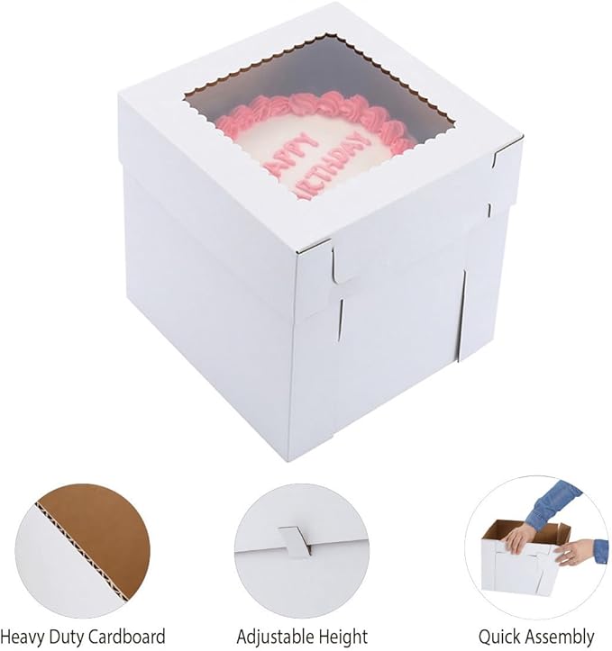 Tall Cake Boxes for Tier Cakes,8x8x8 Inch [12Pack ] Thick Sturdy Cake Box with Window, White Cake Carrier,Disposable Cake Containers