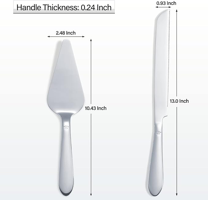 Cake Cutting Set for Wedding, Elegant Cake Knife and Server Set with Thickened Stainless Steel Rounded Edges, Cake Cutter and Pie Spatula for Birthday Anniversary, 2 Pcs, Silver