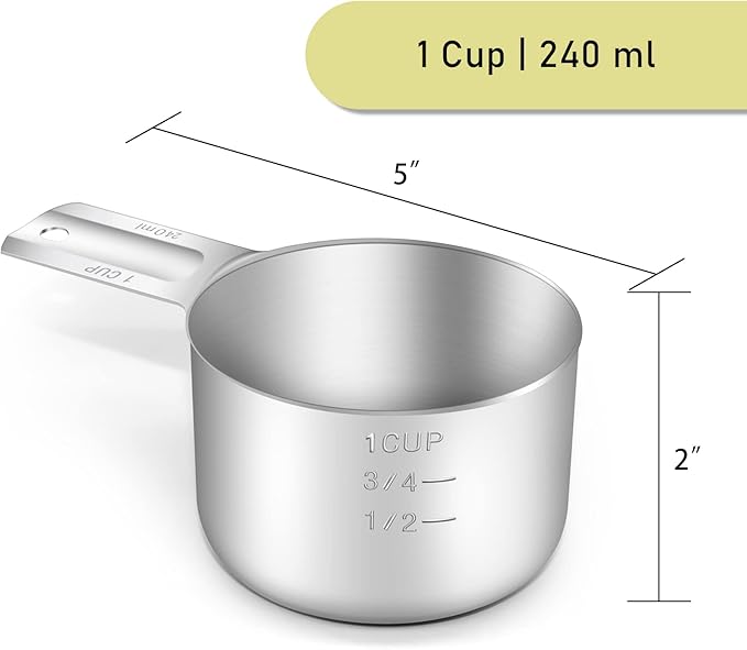 BERYLER 4PCS 1Cup (240ml, 8oz) Single Measuring Cup, Stainless Steel Measure Scoop, Metric and US Measurement, Dishwasher Safe