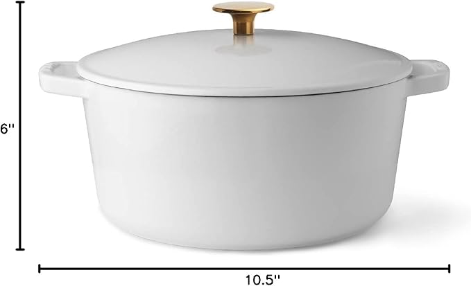 Milo by Kana 5.5-quart Enameled Cast Iron Dutch Oven with Lid | Premium Casserole Cooking Pot | Enamel Coating Inside and Out | Oven Safe and Dishwasher Friendly (White with Gold Knob)