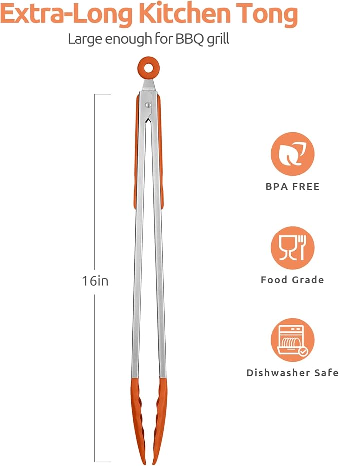 600쨘F Heat Resistant Kitchen Tongs: U-Taste 16 inch Extra Long Large Silicone Cooking Tong with Sturdy Non Stick Rubber Tips & Non Slip Silicon Coated 18/8 Stainless Steel Handle for Grill BBQ(Orange)