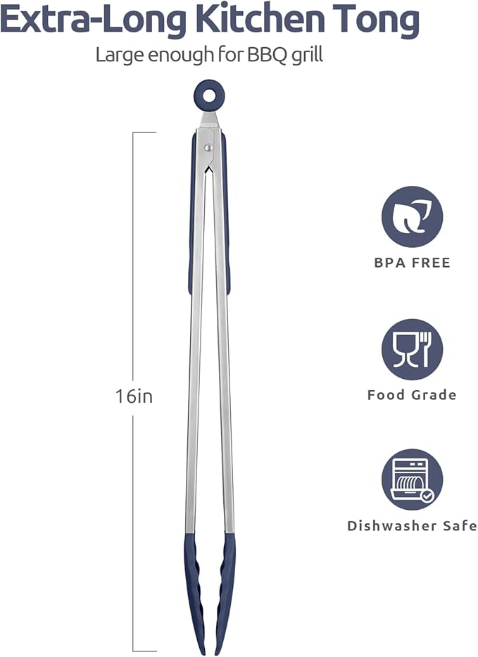 600쨘F Heat Resistant Kitchen Tongs: U-Taste 16 in Extra Long Large Silicone Cooking Tong with Non Stick Rubber Tips & Non Slip Silicon Coated 18/8 Stainless Steel Handle for Grill BBQ (Midnight Blue)