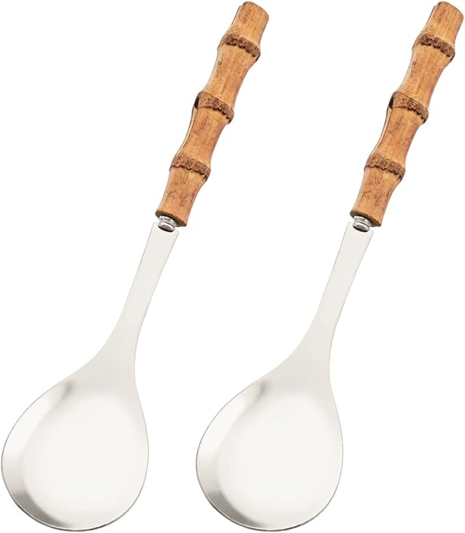Serving Spoons Set of 2, 10.0" Stainless Steel Serving Spoons with Natural Bamboo Handle, Silver Large Serving Utensils of Spoons, Big Ladle for Buffet, Party, Banquet, Kitchen, Tablespoons Flatware